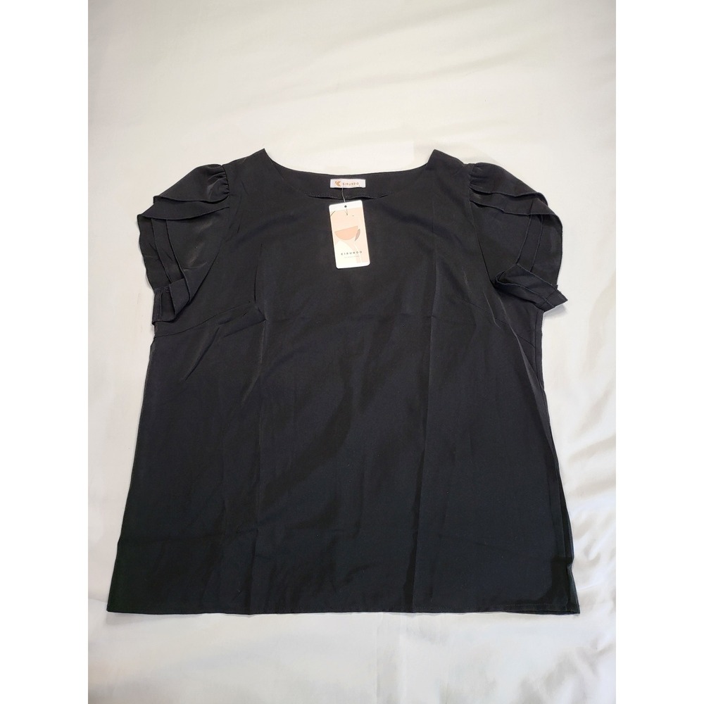 Kirundo Womens Black Ruffle Short Sleeve Blouse Round Neck Top Size L NEW